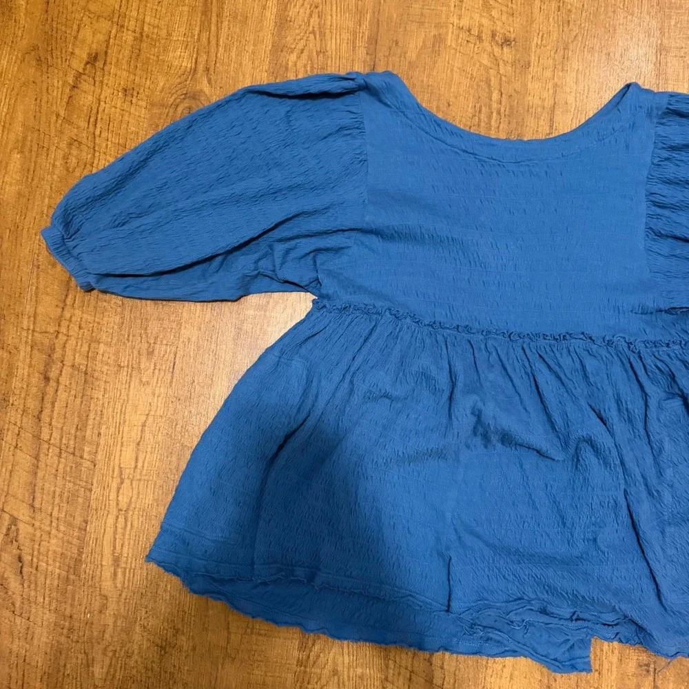 Free People FP Beach Peplum Top Womens L Blue Puff Sleeve Gauze Boho Chic Blouse